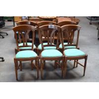 6 houten stoelen, groene stof bekleed